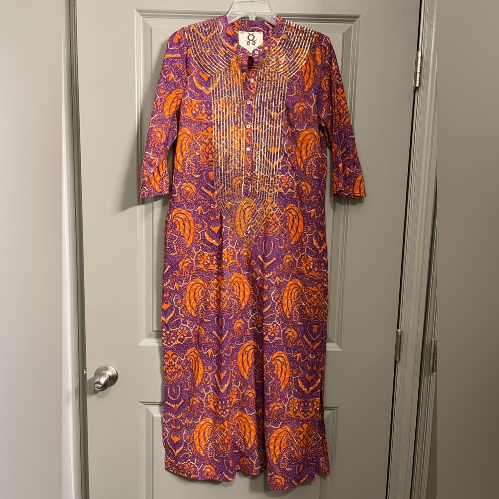 Like New Figue Cotton Maxi Dress with Gold Sequin Overlay Size Medium - Picture 2 of 9